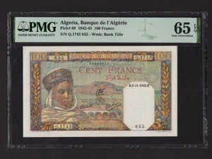 Algeria:P-88,100 Francs 1942 * French Rule * PMG Gem UNC 65 EPQ * - Picture 1 of 2