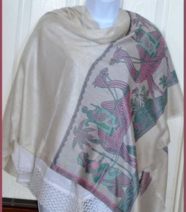Weiß Blumendesign Pashmina Seidenmischung Schal, Stola, Halstuch mit Kamelrand Indien - Bild 1 von 1
