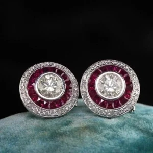 2Ct Round Lab-Created Diamond Ruby Women's Top's Earrings 14k White Gold Plated - Picture 1 of 8