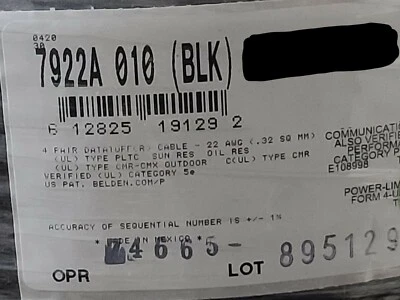Belden 7922A 22/4P CAT5e DataTuff Bonded Pair Network Cable PLTC/CMX Black /50ft - Image 1 of 4