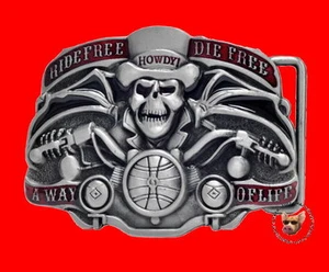 Ride Free Totenkopf auf Motorrad Gürtelschnalle Gratis Aufbewahrungstasche - Bild 1 von 4
