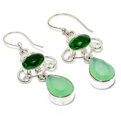 Green Chalcedony, Peridot Gemstone 925 Silver Jewelry Earring 2.09 " - Image 1 of 2