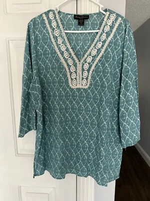 EUC Marisa Christina Woman 1X Linen Blend Teal Cream Peasant Blouse GORGEOUS! - Image 1 of 4