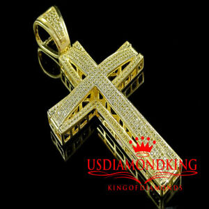 NEW 14K YELLOW GOLD FINISH CANARY LAB SIMULATE DIAMOND JESUS CROSS CHARM PENDENT