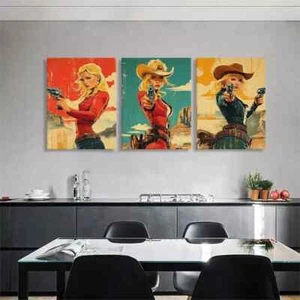 3pcs Retro Wild West Cowgirl Gunslinger Perfect Wall Art Canvas Framed 50x70cm - Picture 1 of 3