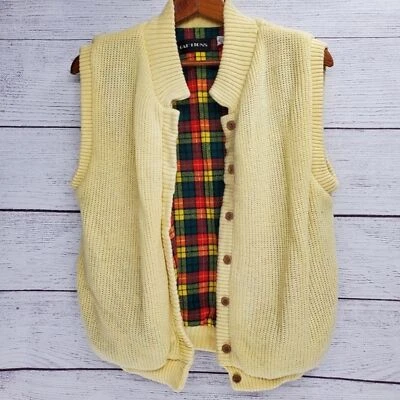VTG Captions Yellow Knit Sweater Vest Flannel Plaid Lining Size Large Buttons - Image 1 of 4