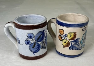 (2) Tonala Mexico Folk Art Mexican Pottery Coffee Mug Florals Blue & Beige Chrty - Picture 1 of 9