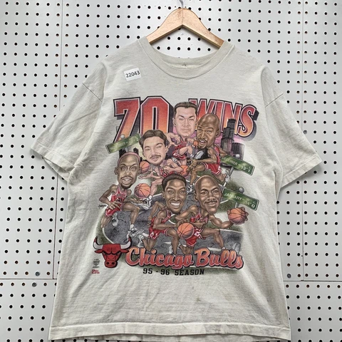 VTG 90s Chicago Bulls Shirt White Single Stitch Caricature 70 Wins Large 21.5x28 Cover