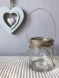 Hanging glass jar heart tea light wedding shabby chic twine Lantern Vase Candle - Picture 1 of 12