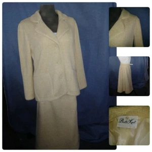 Vtg 60s Mod Butte Knit Med Skirt Suit Blazer and Skirt 2PC Beige Belted  W28 C40 - Picture 1 of 12