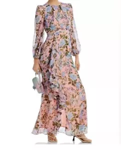 Maxi abito Eliza J blush rosa floreale chiffon cascata manica lunga nuovo con etichette taglia 6 - Foto 1 di 9