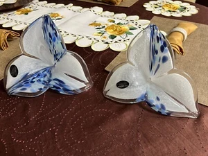 MURANO 2 LARGE FLOWERS BLUE/WHITE/CLEAR 6 1/2 INCHES TALL - Picture 1 of 10