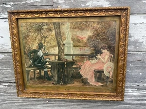 Victorian Gold Framed Gauche Watercolor Painting "In Love" Romance Era Couple - Picture 1 of 24