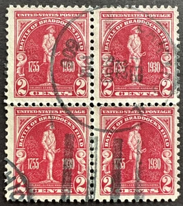 US 1930 Scott 688 Used Block of 4 Chicago Postmark Braddock's Field Monongahela - Picture 1 of 2