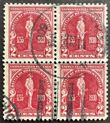 US 1930 Scott 688 Used Block of 4 Chicago Postmark Braddock's Field Monongahela - Image 1 of 2