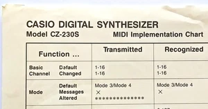 Original Casio MIDI Implementation Chart Sheet for CZ-230S Digital Synthesizer. - Picture 1 of 1