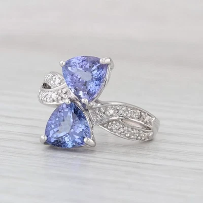 4.02ctw Trillion Tanzanite Diamond Bypass Ring 18k White Gold Size 7.75 Cocktail - Image 1 of 4