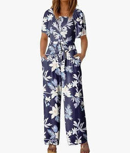 XL Boho Jumpsuits Floral Printed Short Sleeve High Waisted Pockets Wide Leg BLUE - Picture 1 of 5