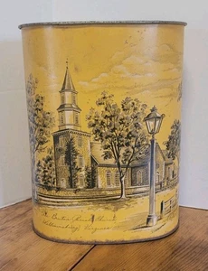 Vintage Cheinco USA Yellow Tin Trash Can WILLIAMSBURG Bruton Parish Church 13"  - Picture 1 of 11