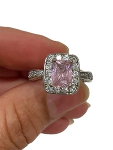 SILVER ROUNDED SQUARE PINK TOPAZ HALO FILIGREE RING SIZE 8 - Picture 1 of 10