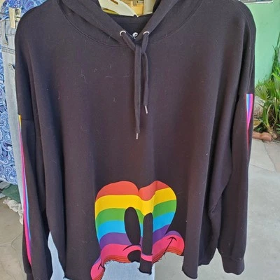 Disney Long Sleeve Black  Rainbow Stripe Sleeves and Mickey Hoodie 3XL - Image 1 of 3