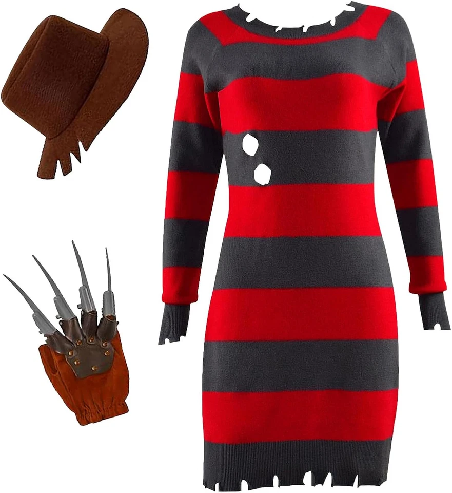 Krüger Kostüm Damen Set Nightmare Gestreifter Pullover Halloween Horror - Bild 1 von 4