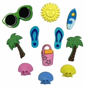 BEACH BUM BUTTONS Summer Flip Flops Palm Tree Shells Surf Board Scrapbooking - Bild 1 von 1