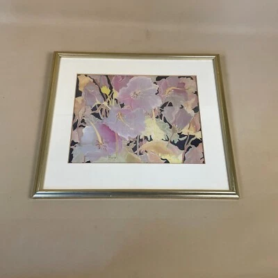 Batik Floral Picture Wall Art Pink Flowers Gold Frame Wall Hanging Hand Painted - Image 1 of 4