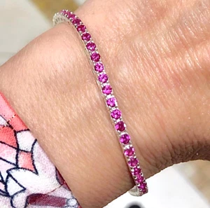 925 RUBY RED ZIRCONE WOMEN MEN RHODIUM TOP QUALITY SILVER TENNIS BRACELET - Picture 1 of 9