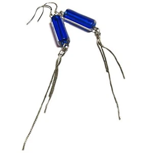 Reclaimed Treasures--Sterling Fringed Blue Glass Bead Earrings By SoniaMcD - Picture 1 of 8