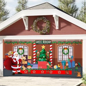 Christmas Factory Winter Large Door Cover Holiday Garage Door Banner - Picture 1 of 5