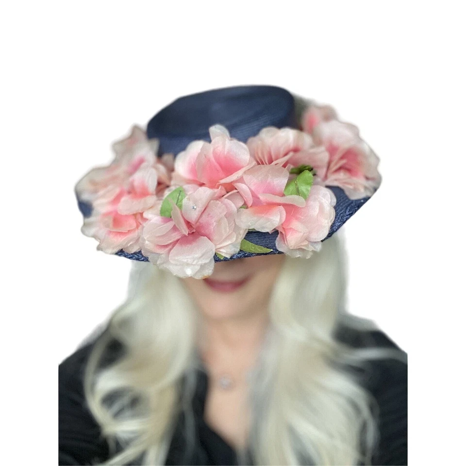 Sombrero de iglesia RETRO vintage años 40 para mujer ala ancha flores rosa azul marino paja Foto 1 de 4