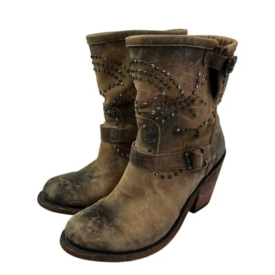 Botas de moto occidentales Liberty de cuero con tachuelas para mujer talla 7,5 marrón envejecido Foto 1 de 4