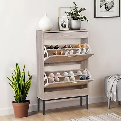 Shoe Storage Cabinet Shoe Rack Organizer with 2 Rattan Flip Drawers & Metal Legs - Image 1 of 4