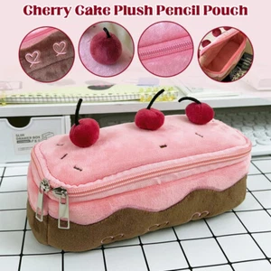 Plush Pencil Pouch Pink Cherry Cake Kawaii Cosmetic Bag Aesthetic Case Holders - Picture 1 of 12