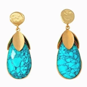 New 18K Gold Plated Hand Beaten Top Earrings w/Big MultiFaceted Turquoise Bottom - Picture 1 of 4