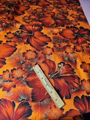 Vintage VHY Hawaiian Flowers Red Black Gold Metallic Orange Cotton Fabric 2 Yds - Image 1 of 4