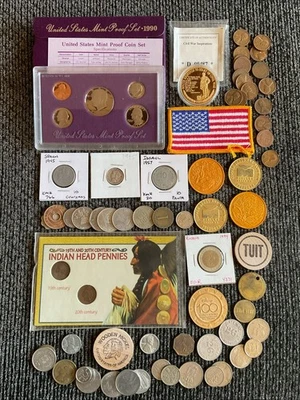 Lote de monedas de cajón de chatarra coleccionables años 90 PRUEBA COMO NUEVA, PLATA, GUERRA CIVIL, CABEZA INDIA Foto 1 de 4