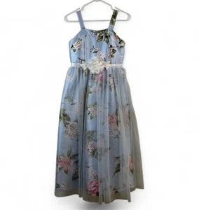 Floral Light Blue Sleeveless Girls Party Dress With Tulle Overlay & Satin Finish - Picture 1 of 14