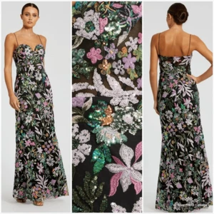Mac Duggal 49827 Spaghetti Strap Bustier Embroidered Applique Gown Black Multi - Picture 1 of 16