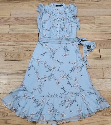 NWT Ralph Lauren Women's Blue Ruffle Midi Floral Belted Chiffon Polyester Dress  - Image 1 of 4