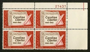 #1230 5c Carolina Charter, Plate Block [27437 UR],Mint **ANY 5=FREE SHIPPING** - Picture 1 of 1