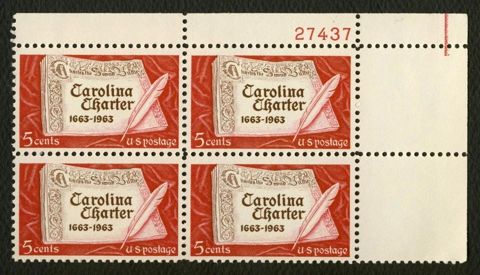 #1230 5c Carolina Charter, Plate Block [27437 UR],Mint **ANY 5=FREE SHIPPING** - Image 1 of 1
