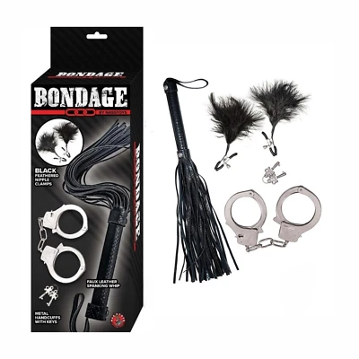 Kit de abrazaderas y puños de plumas y látigo Nasstoys Bondage Teaser juego erótico - negro Foto 1 de 4