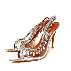 Berness Roxy Size 5.5 Transparent Diamond Peep Pointed Toe Slingback Heels - Picture 1 of 6