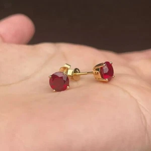2Ct Round Cut Lab Created Red Ruby Women's Stud Earrings 14K Yellow Gold Over - Picture 1 of 2