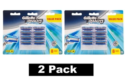 16 x Gillette Mach3 Turbo Razor Blades Refill 100% Brand New (2 x Pack of 8) - Bild 1 von 4