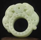Chinese old natural jade hand-carved statue dragon ring pendant 2.1 inch