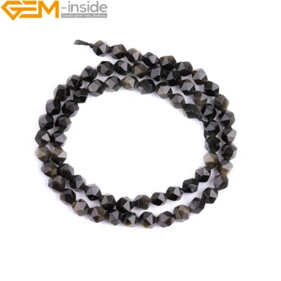 Natural Faceted Golden Black Obsidian Precious Stone Loose Beads Jewelry Making - Image 1 of 4