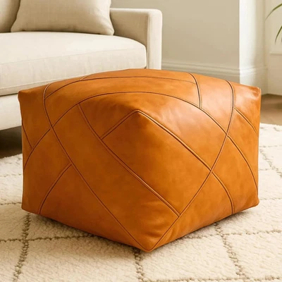 Handmade Brown Leather Ottoman Pouf - Moroccan Square Footstool - Image 1 of 4